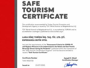 a flyer for a state tourism certificate with a red background at Esperanza Hotel in Antalya
