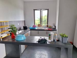 a kitchen with a table and a sink in it at Rob's House in Lalmatie