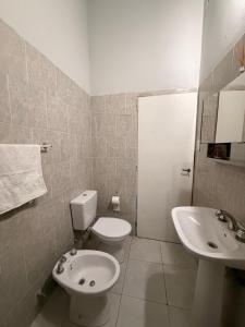 a white bathroom with a toilet and a sink at Dunas y Cielo in Tinogasta