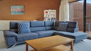a blue couch in a living room with a coffee table at SeaLeka 3 in Merimbula
