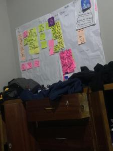 a bulletin board with sticky notes on a wall at Kaunda Home in Blantyre