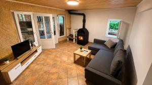 a living room with a couch and a wood stove at Private Vineyard House in Banjol