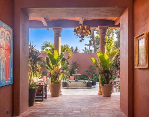a hallway with potted plants in a courtyard at Red Tree Oaxaca in Oaxaca City