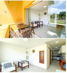 two pictures of a living room with tables and chairs at Flat 705 Winterville - Gravatá in Gravatá