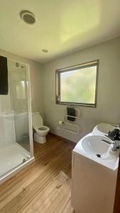 a bathroom with a toilet and a sink and a shower at The Ferns Hideaway in Franz Josef +19 photos