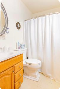 a bathroom with a toilet and a shower curtain at Sacred Heart House in Montebello +41 photos