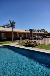 a swimming pool in front of a building with a picnic table at Bridge Motor Inn Tocumwal in Tocumwal