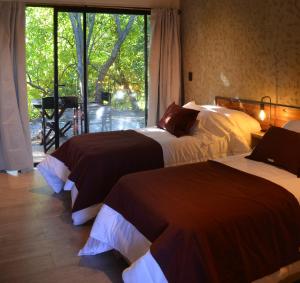 two beds in a room with a window at Villa Vadori Suites in Falda del Carmen