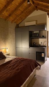 a bedroom with a large bed and a kitchen at Villa Vadori Suites in Falda del Carmen