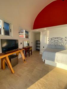 ein Schlafzimmer mit einem Bett und einem Schreibtisch mit Fernseher in der Unterkunft Milky Way in San Miguel del Puerto