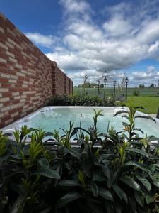 a swimming pool in front of a brick building at Ludvigsdals Gård in Ystad