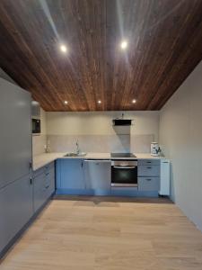 a kitchen with blue cabinets and a wooden ceiling at Sjöstugan in Leksand