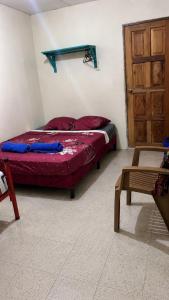 a bedroom with a bed in a room with a wooden door at Casa Volcán Granada in Granada