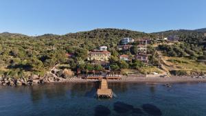 an aerial view of a house on a island in the water at Limonata Assos in Behramkale