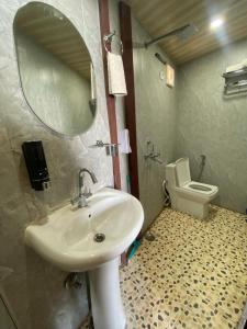 a bathroom with a sink and a mirror and a toilet at Stone Rose Vista in Kanatal