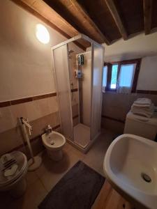a bathroom with a shower and a toilet and a sink at Agriturismo Il Solaio in Rapolano Terme