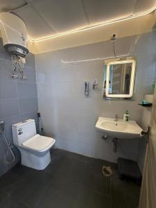 a bathroom with a toilet and a sink at Ballentines Bliss in Babarpur +15 photos