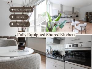 two pictures of a kitchen and a living room at Nature Stay near Tilburg Uni & Center in Tilburg