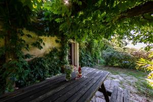 a bottle sitting on a wooden table under a tree at Statek VRANČ - U Kačenky in Bítov