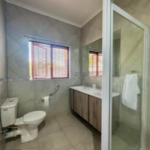 a bathroom with a toilet and a sink and a shower at Oak & Ivory - Uitzicht in Oakdale +23 photos