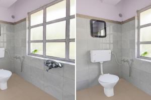 two pictures of a bathroom with a toilet and a window at Hotel O Ghoom Formerly Aps Homestay in Darjeeling