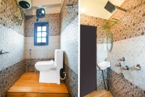 two pictures of a bathroom with a toilet and a shower at Hotel O Champasari Siliguri Formerly Four Fox Suits in Siliguri