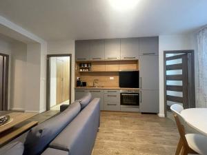 a large living room with a couch and a kitchen at Modern flat in a city in Humenné +3 photos