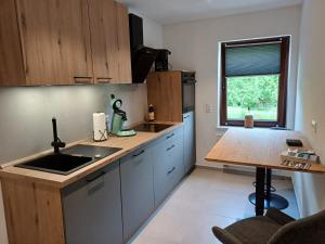 eine Küche mit Spüle und Arbeitsplatte in der Unterkunft Am Wolfsbach in Helferskirchen