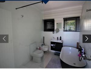 a bathroom with a tub and a toilet and a sink at Beautiful Lagoon House in Blythedale