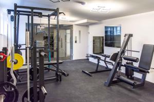 a gym with several treadmills and weights at Penzion Hněvotín 88 in Hněvotín +6 photos