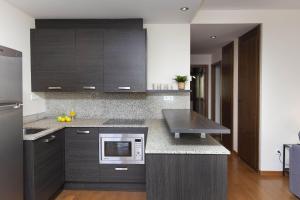 a kitchen with black cabinets and a microwave at Pirenaica by BeValle in Escarrilla +13 photos