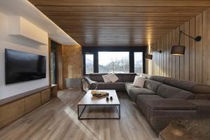 a living room with a couch and a tv at Casa BellaVista by BeValle in Panticosa