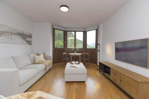 a living room with a couch and a tv at Sueños de Telera by BeValle in El Pueyo de Jaca
