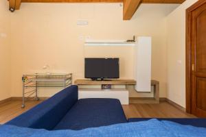 a living room with a blue couch and a tv at Casetta delle Rose sull'etna in Viagrande