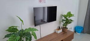 a flat screen tv hanging on a wall with two plants at Twenty2 Homestay Sepang in Sepang