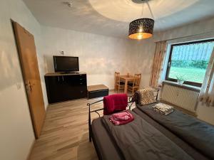 a living room with a bed and a television at Gästeunterkunft Am Hirschbach in Hirschbach