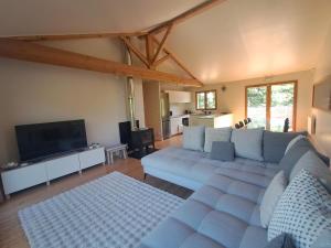 a living room with a couch and a flat screen tv at Chalet 6 personnes ou studio 2 personnes in Ax-les-Thermes
