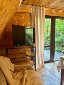 a living room with a tv and a sliding glass door at Domki Brzozowy Zakątek in Sochy