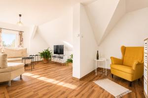 an attic living room with a couch and a tv at Forest House near Klínovec with 5 Independent Apartments in Kovářská