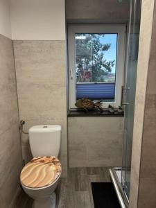 a bathroom with a toilet with a wooden seat at Haus Mohnke in Hiddensee +17 photos