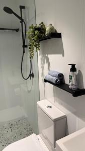 a white bathroom with a toilet and a shelf on the wall at Modern Studio in Sydney