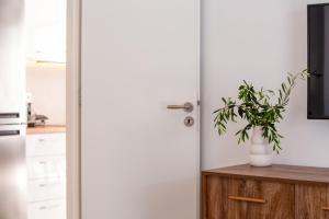 a kitchen with a white door and a plant on a counter at Whisper Villa Mykonos in Ano Mera +9 photos