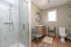 a bathroom with a shower and a toilet and a sink at Le Rockin' Chair in Surzur +31 photos