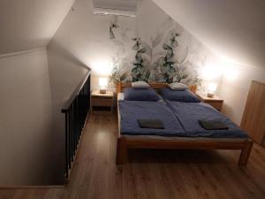 a bedroom with a bed with blue pillows on it at Gilbert Apartman in Doboz