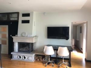 a living room with a fireplace and a flat screen tv at Aavik Apartment in Kuressaare