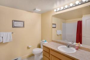 a bathroom with a sink and a toilet and a mirror at Getaway at Wildhorse in Steamboat Springs