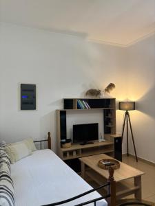 a bedroom with a bed and a tv and a table at Aelia studio in Symi