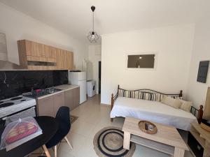 a kitchen and a living room with a bed and a table at Aelia studio in Symi