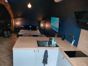 a bathroom with a sink and a bedroom with a bed at calme et volupté in Maxilly-sur-Saône