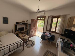 a small living room with a bed and a kitchen at Aelia studio in Symi